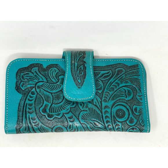 Western Hand Tooled Sustainable Leather Turquoise Teal Blue Green Long Wallet - Picture 1 of 8